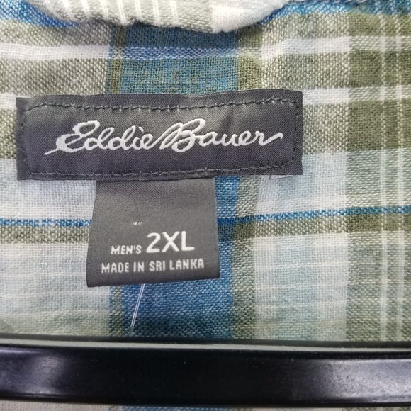 Eddie Bauer Camp Shirt Men's XXL Plaid Short Sleeve Button Up Blue Linen Cotton - Picture 13 of 16